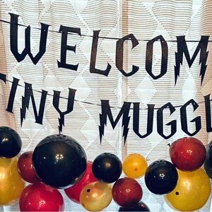 Harry Potter baby shower banner with Balloons and party supplies